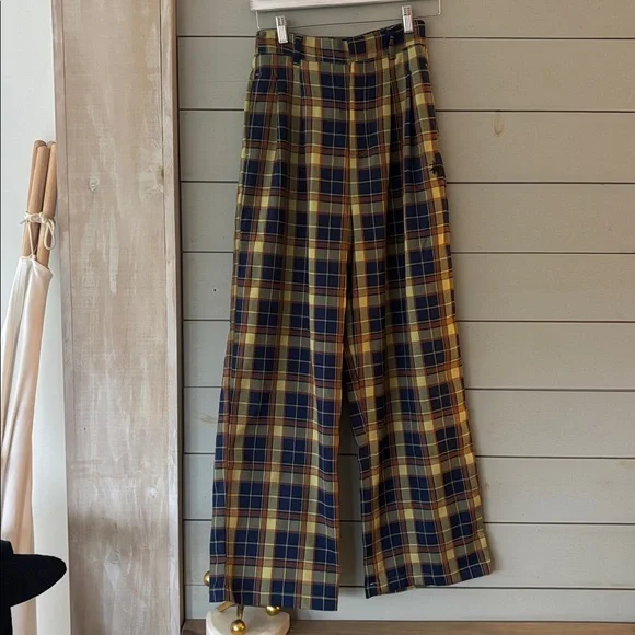 Stussy Plaid Wide-Leg Pants in Yellow and Blue - Picture 2 of 8